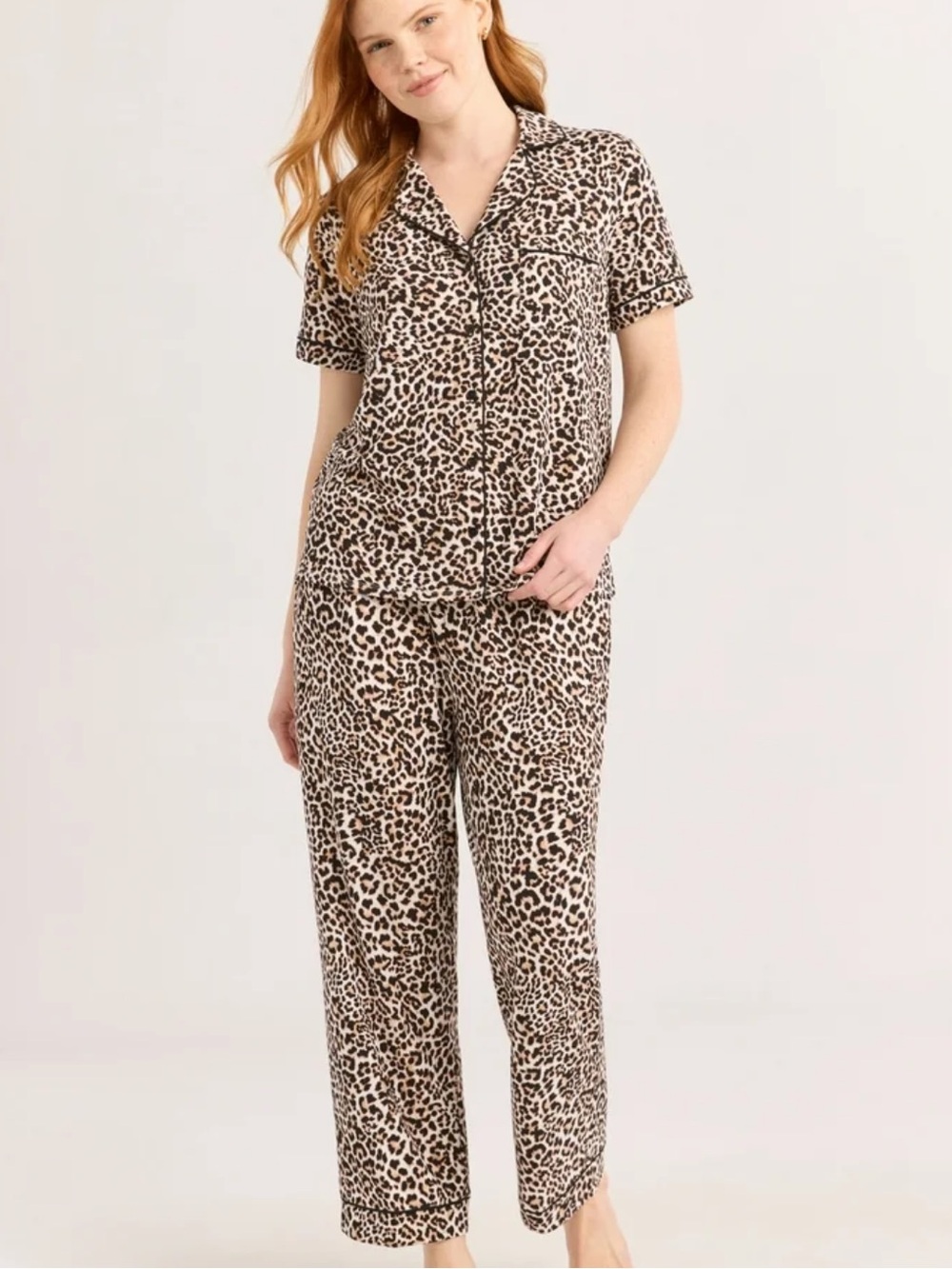 Leopard-Print Short-Sleeve Pajama Set - Beige/Brown